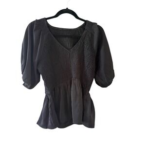 Black Smocked Peplum Top V-Neck Puff Sleeve Blouse Womens M‎ Romantic Grunge
